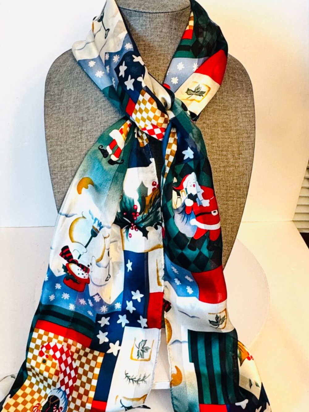 Cejon Christmas 100% Silk Scarf 60x14" Snowman Wreath Tree Santa Gifts Red Black